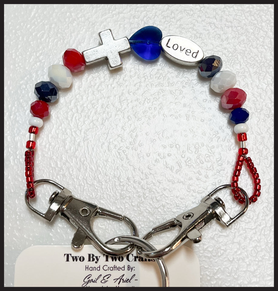 Red, White & Blue Loved Clip On Keychain (Silver Hardware)
